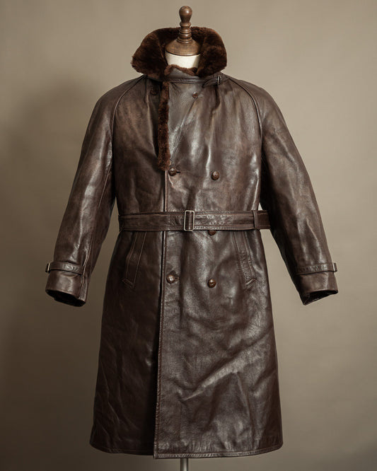 Vintage 1950s Boris Kidrič Cold War Leather Trench Coat Sheepskin Lined