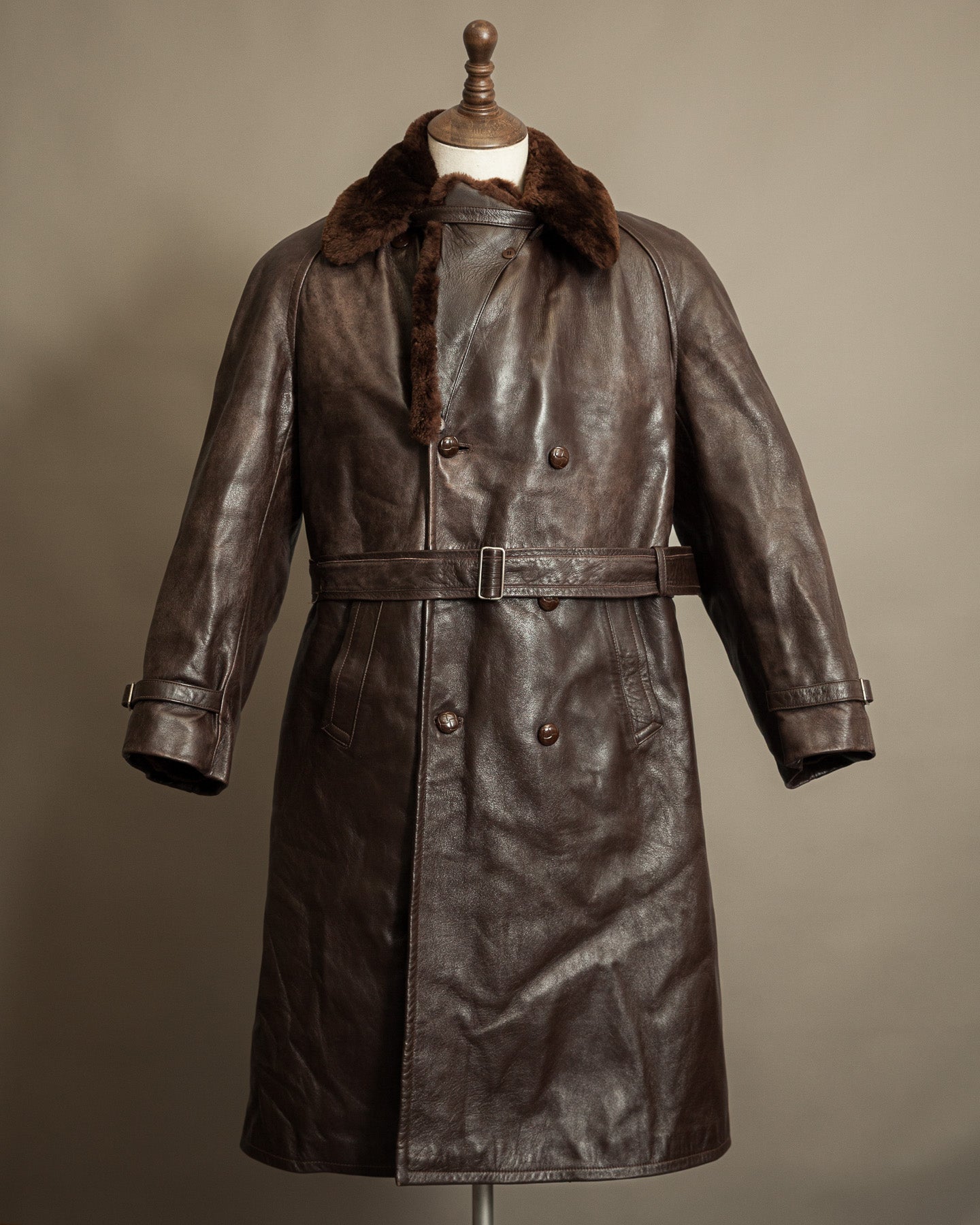 Vintage 1950s Boris Kidrič Cold War Leather Trench Coat Sheepskin Lined