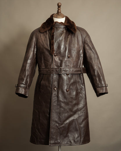 Vintage 1950s Boris Kidrič Cold War Leather Trench Coat Sheepskin Lined