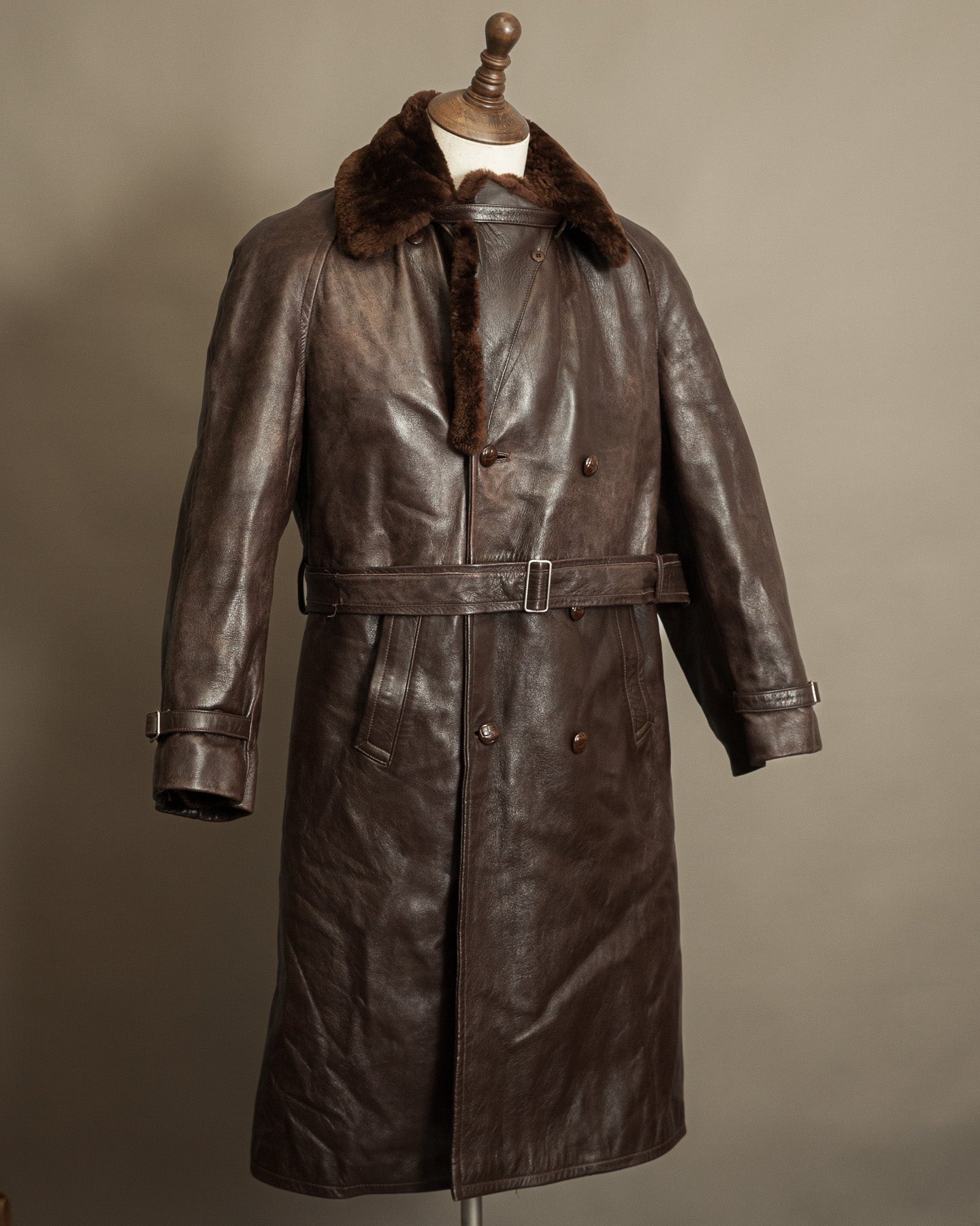 Vintage 1950s Boris Kidrič Cold War Leather Trench Coat Sheepskin Lined