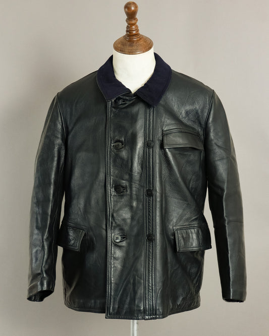 1950s French Le Corbusier Leather Work Jacket Wool Collar Medium (42)