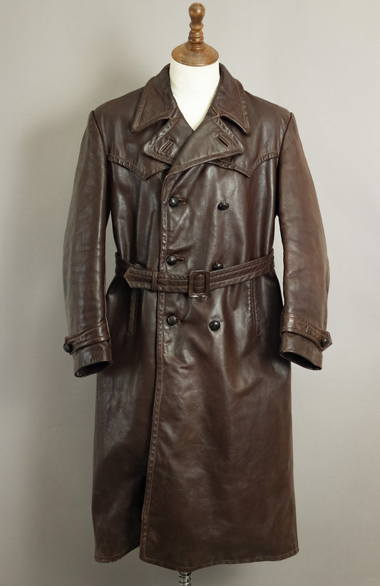 Rare 1940s German Wehrmacht Officer's Horsehide Leather Trench Coat (42-44)