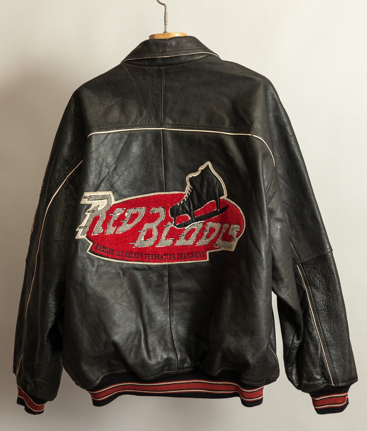 Vintage 1990s Avirex Red Blades Russian Ice Hockey Leather Jacket