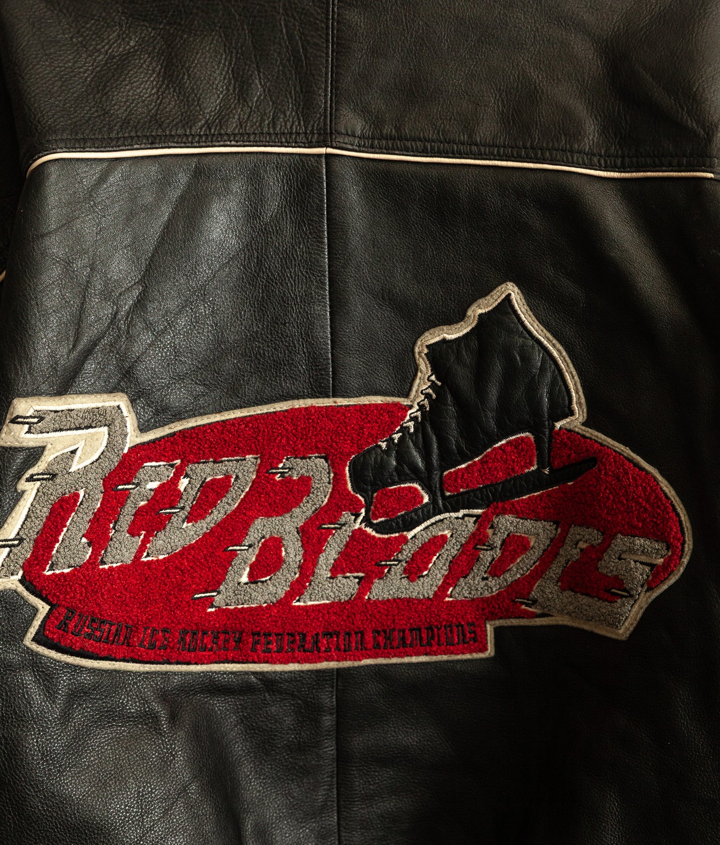 Vintage 1990s Avirex Red Blades Russian Ice Hockey Leather Jacket