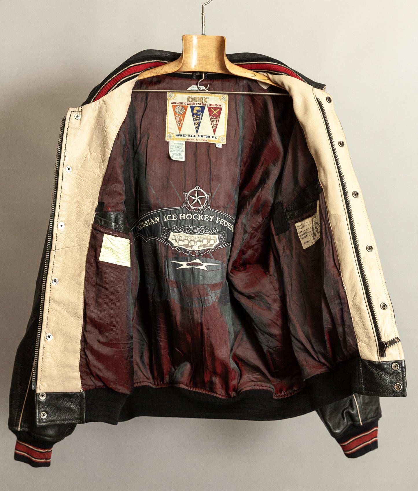 Vintage 1990s Avirex Red Blades Russian Ice Hockey Leather Jacket