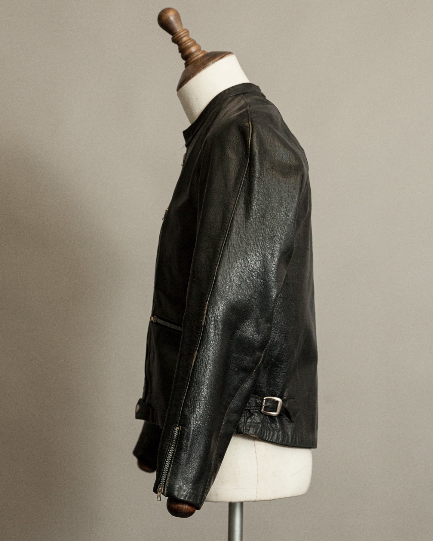 1950s Italian Police Motorcycle Jacket Goatskin Leather Riri Zippers