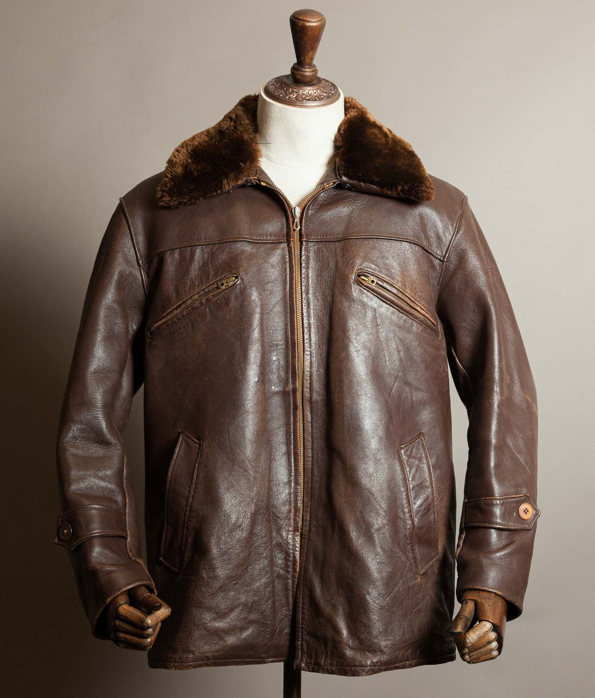 Original 1950s French Leather Work Jacket Wool Lined Vitex Zips