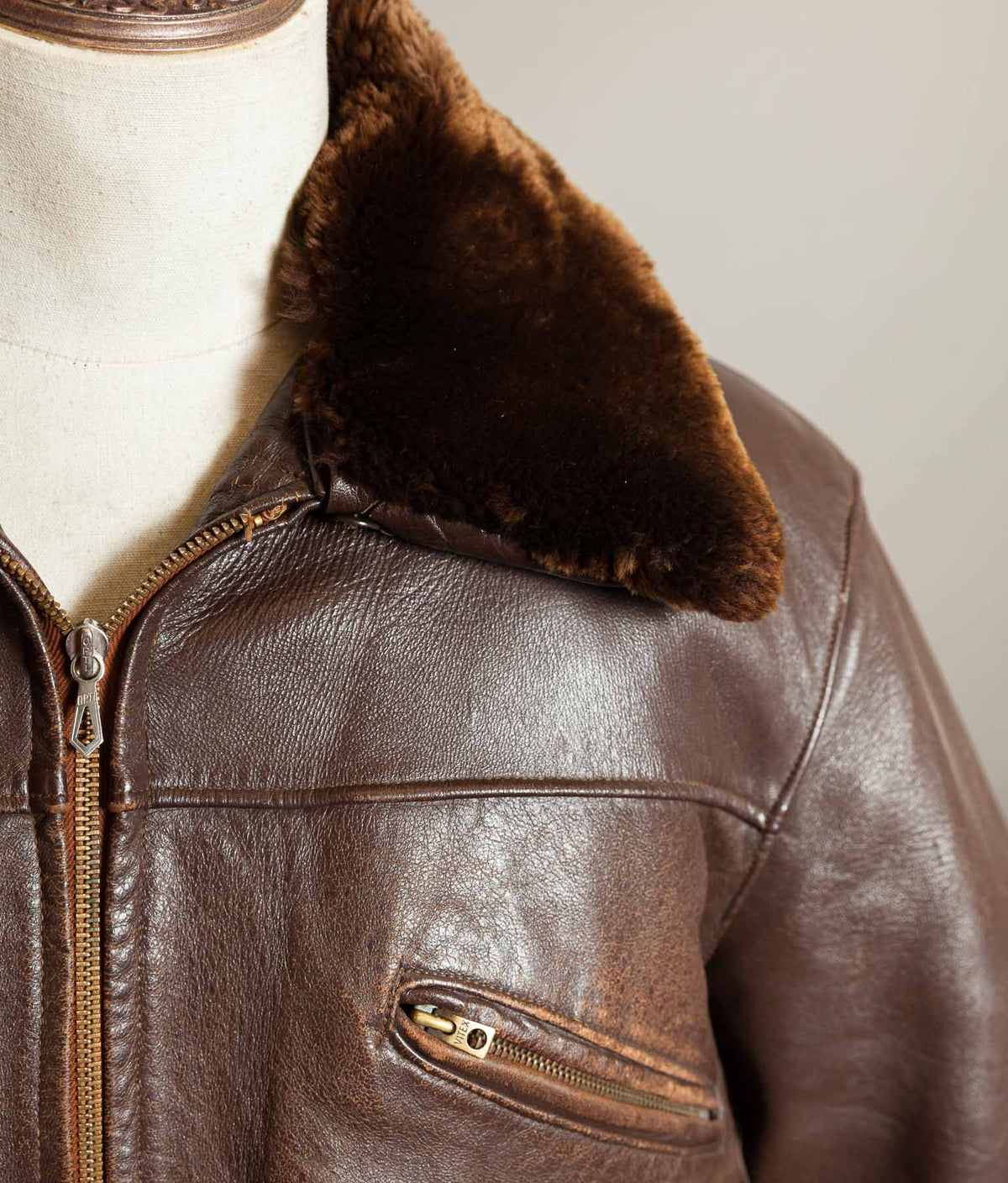 Original 1950s French Leather Work Jacket Wool Lined Vitex Zips