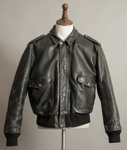 1980s Schott A-2 Vintage Leather Flight Jacket Black Naked Cowhide