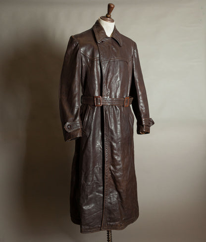 Original 1940s German Military Horsehide Leather Officer Trench Coat