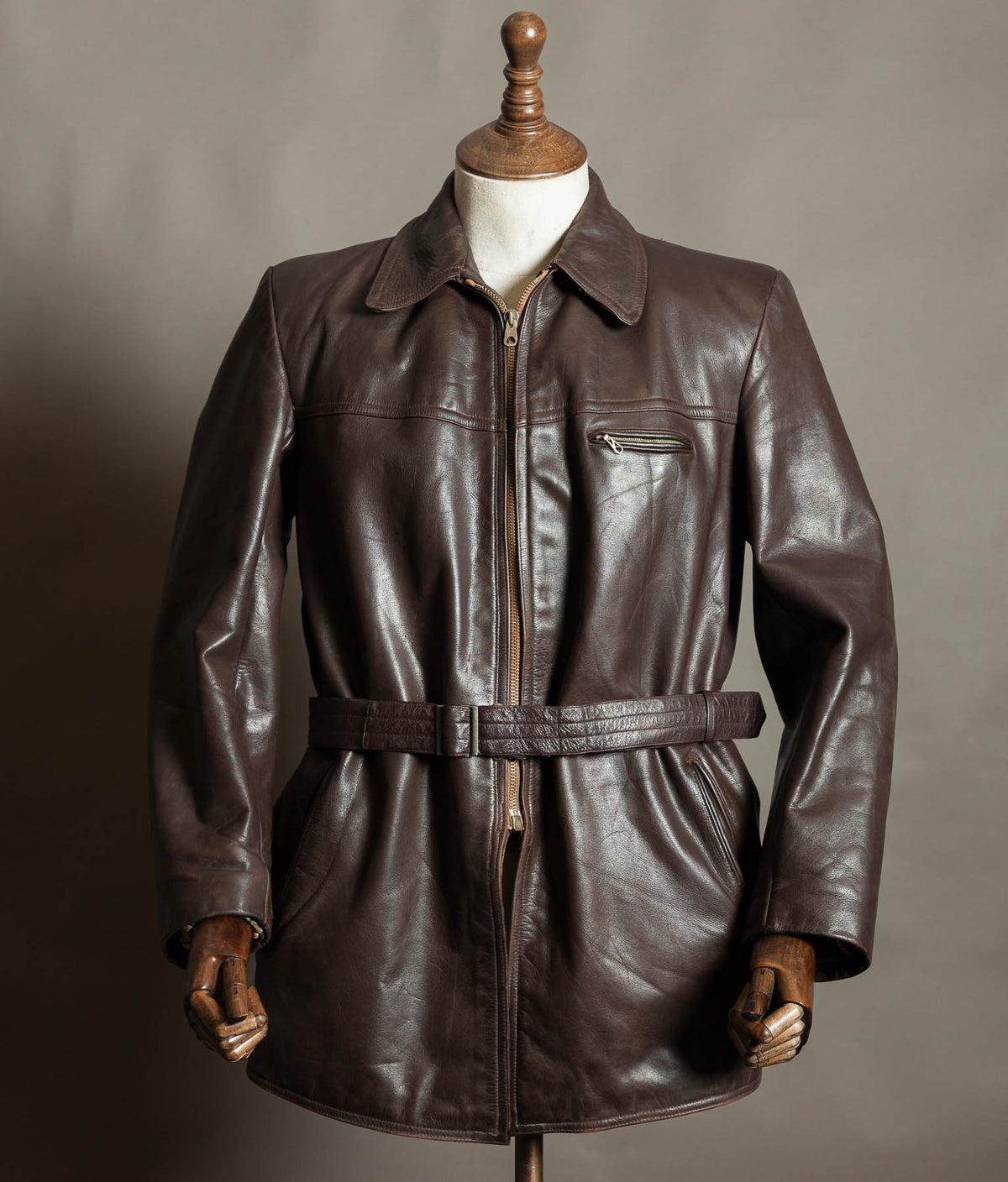 Original 1940s German Horsehide Leather Belted Jacket ZIPP Hardware