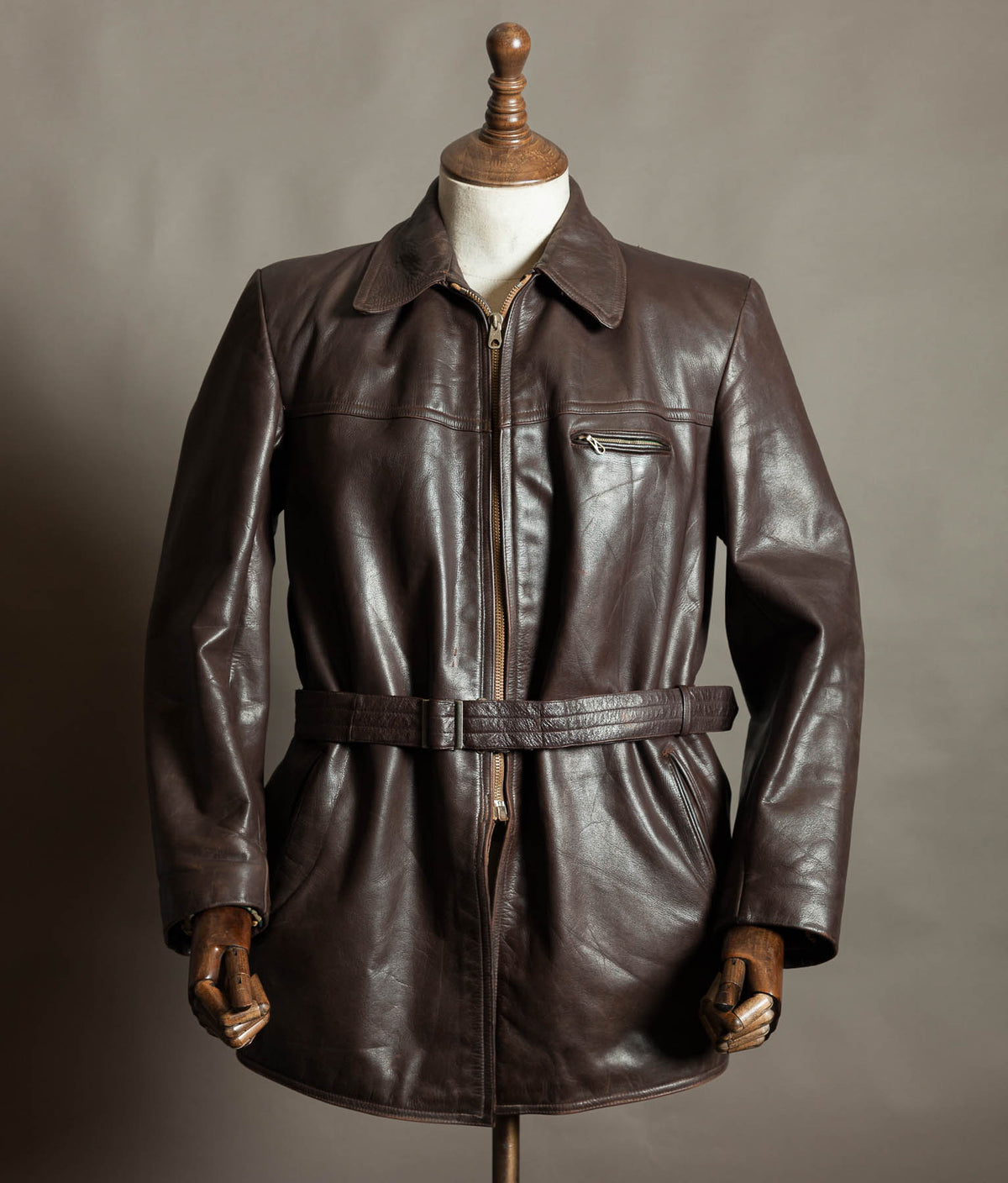 Original 1940s German Horsehide Leather Belted Jacket ZIPP Hardware