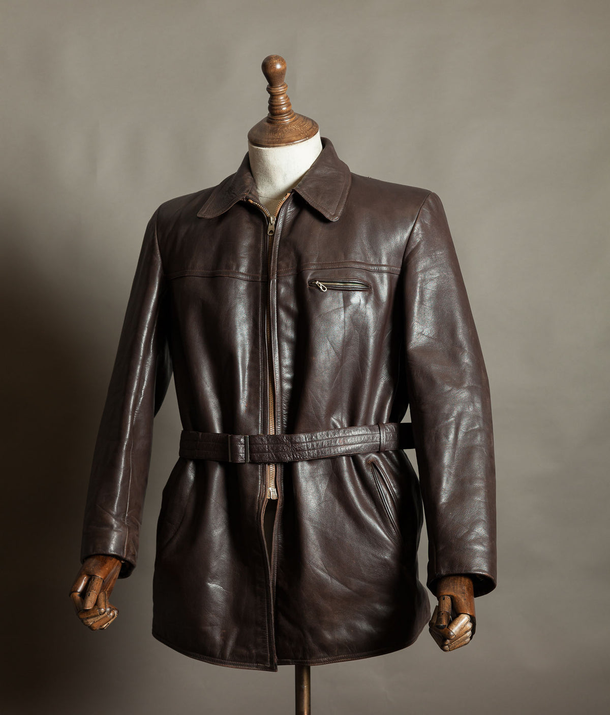 Original 1940s German Horsehide Leather Belted Jacket ZIPP Hardware