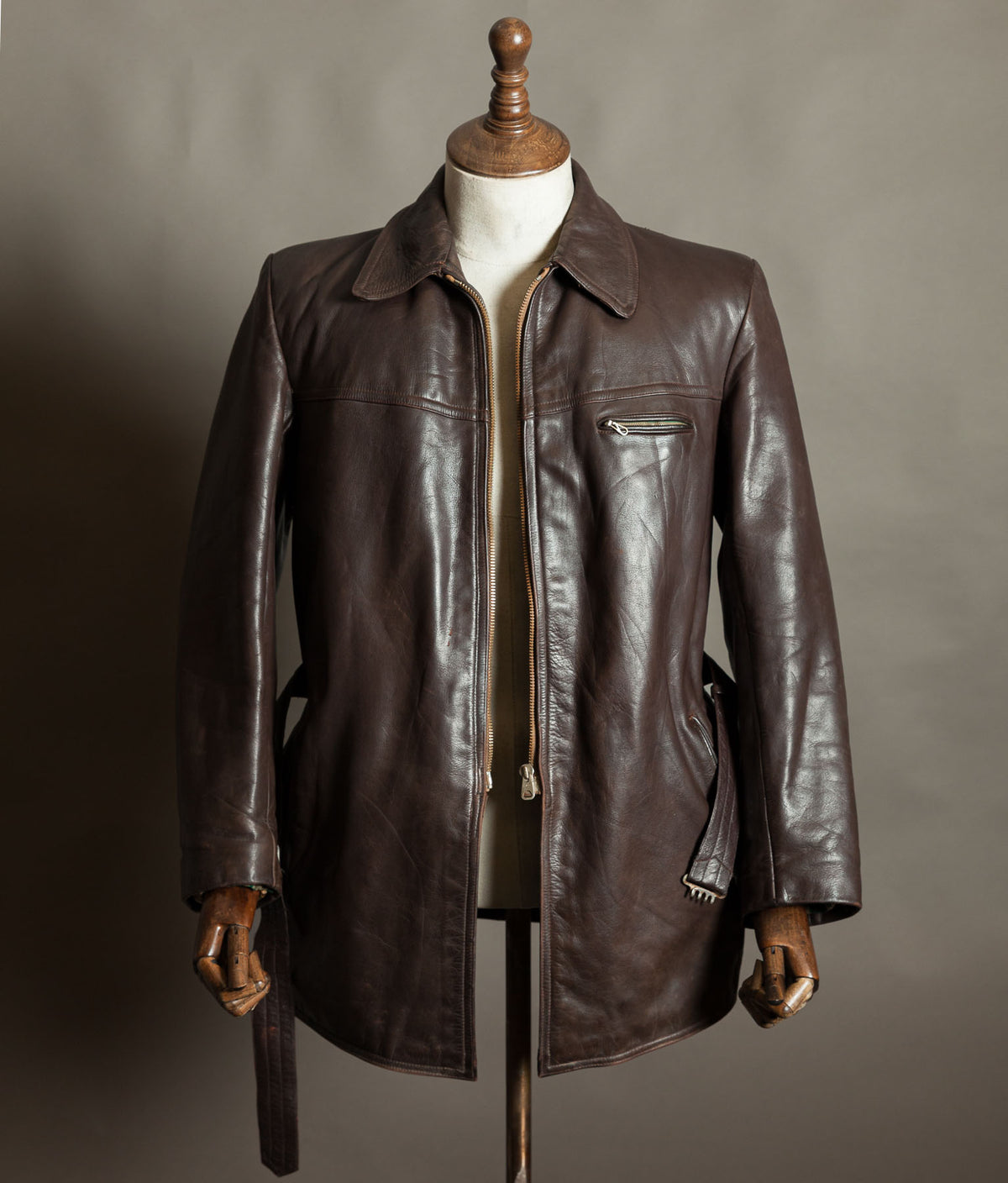 Original 1940s German Horsehide Leather Belted Jacket ZIPP Hardware
