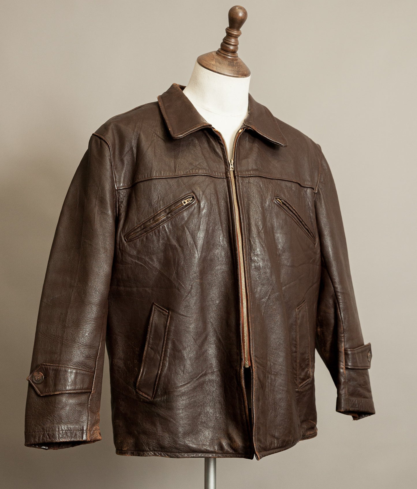 Vintage 1940s French Leather Workwear Jacket Vitex Zipper