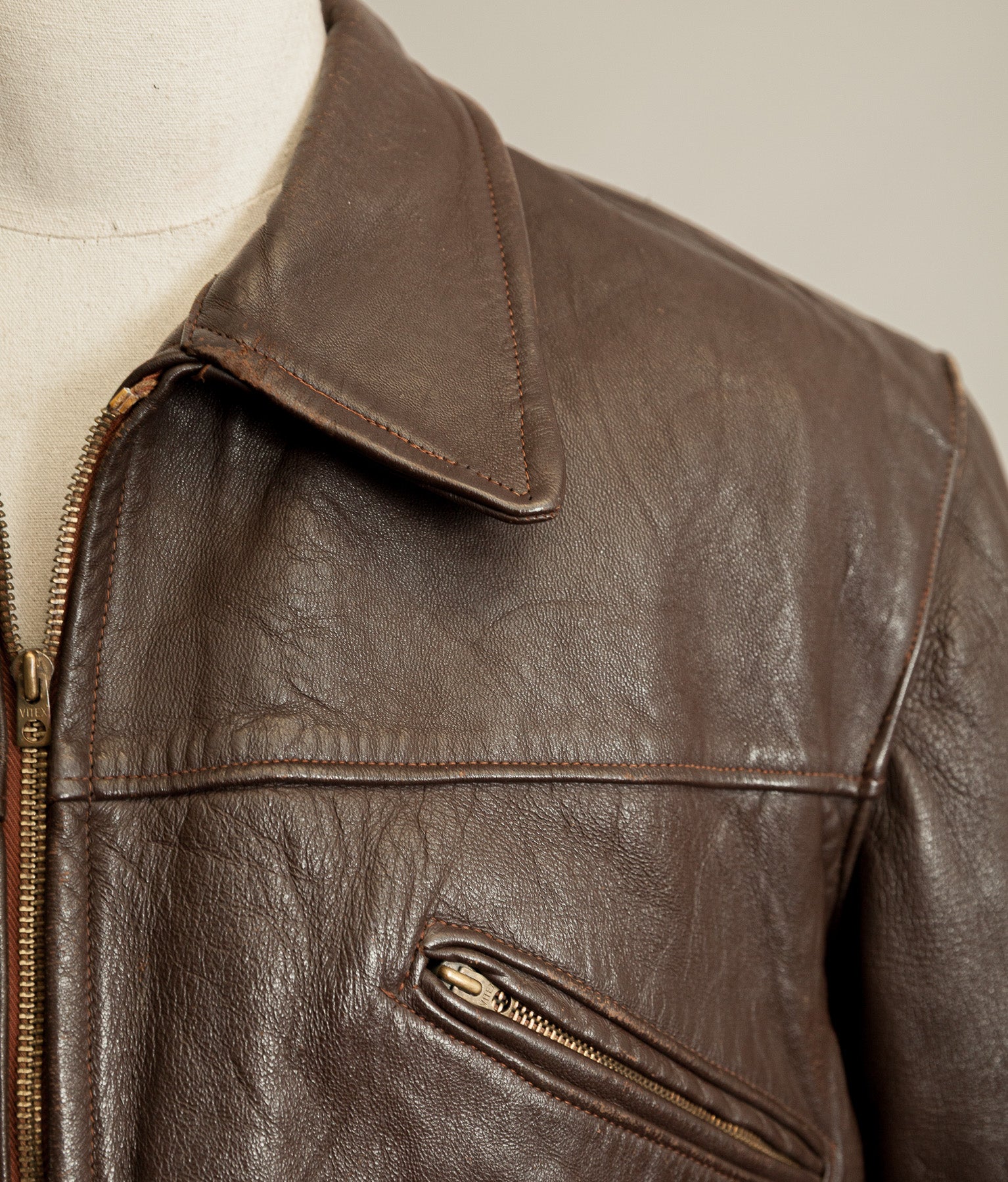 Vintage 1940s French Leather Workwear Jacket Vitex Zipper