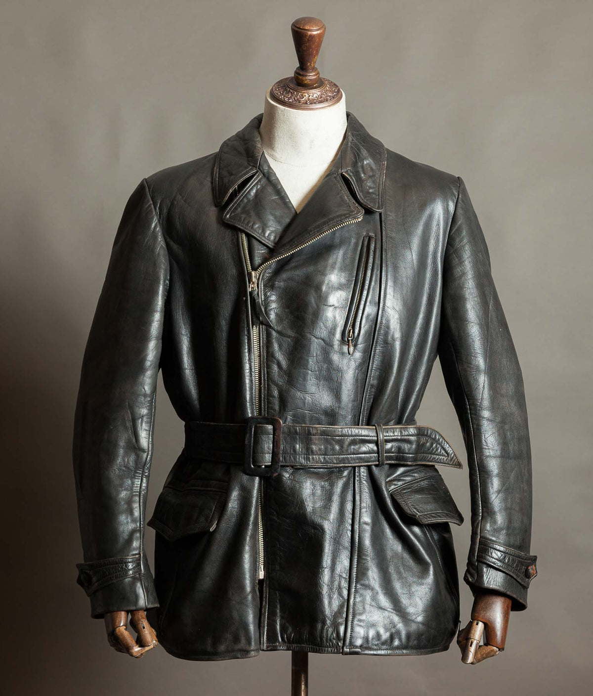 Original 1940s German Horsehide Leather Motorcycle Jacket, RIES Zippers