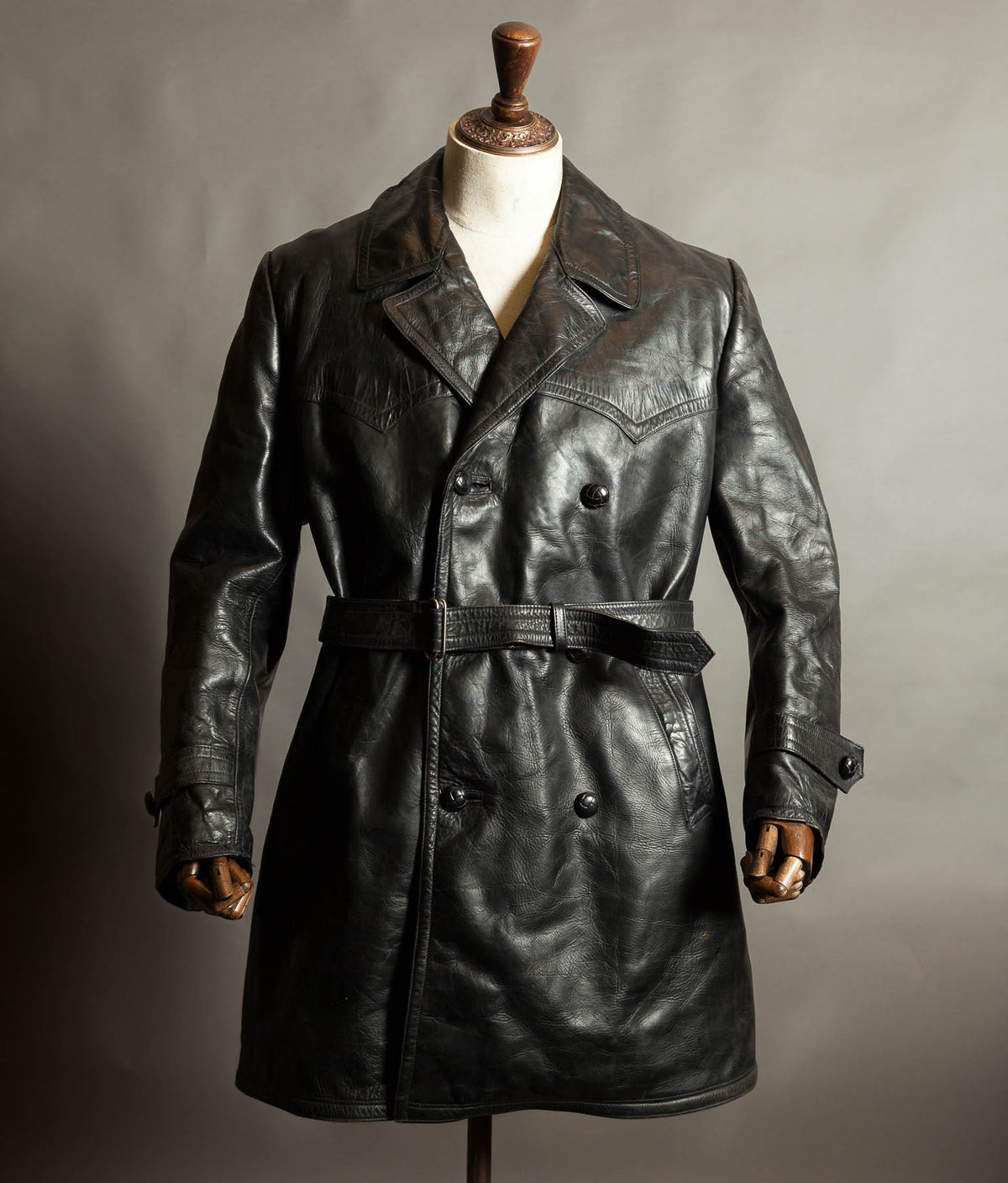 Original 1940s German Heavyweight Horsehide Leather Double-Breasted Overcoat