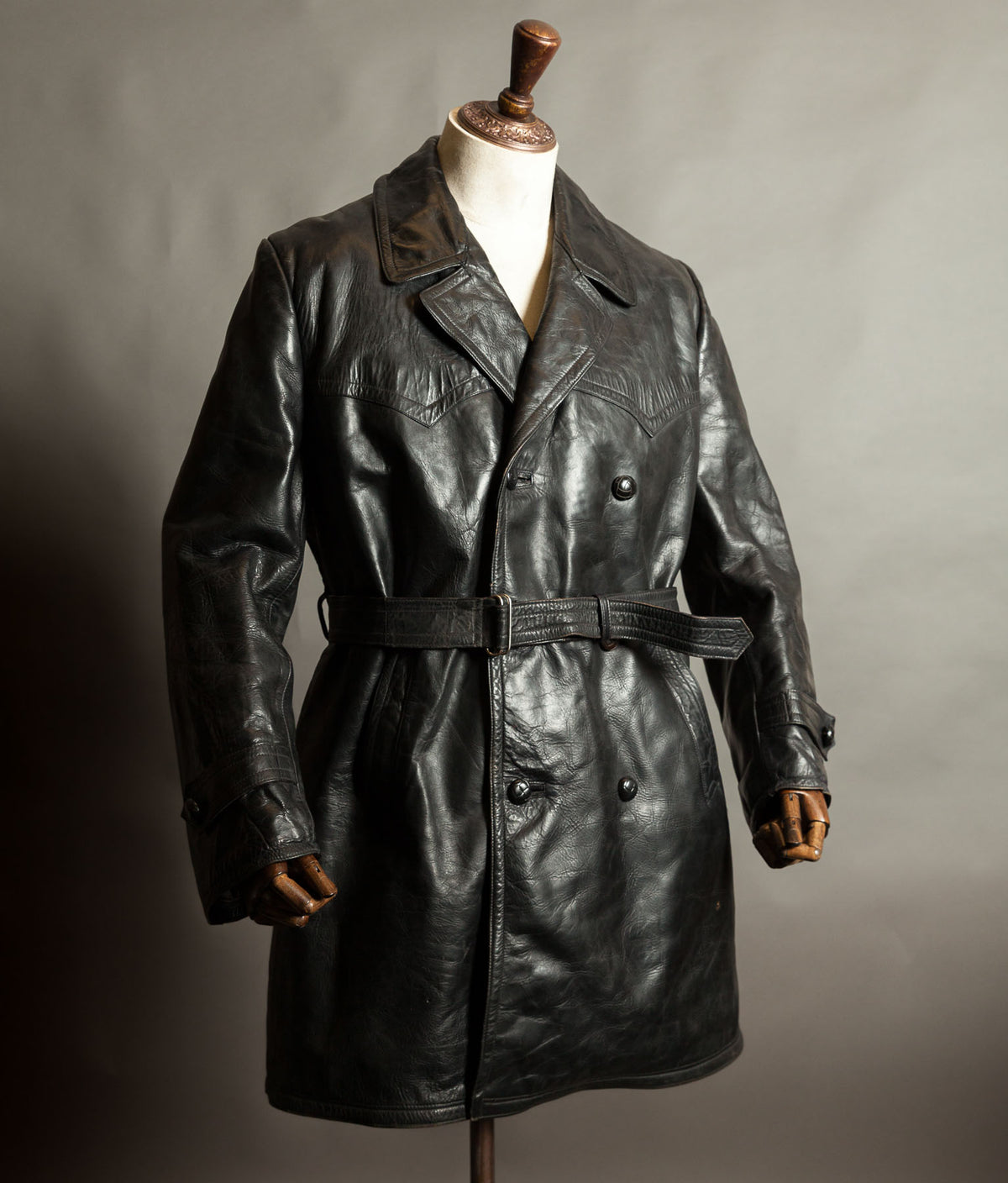 Original 1940s German Heavyweight Horsehide Leather Double-Breasted Overcoat