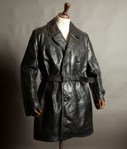 Original 1940s German Heavyweight Horsehide Leather Double-Breasted Overcoat