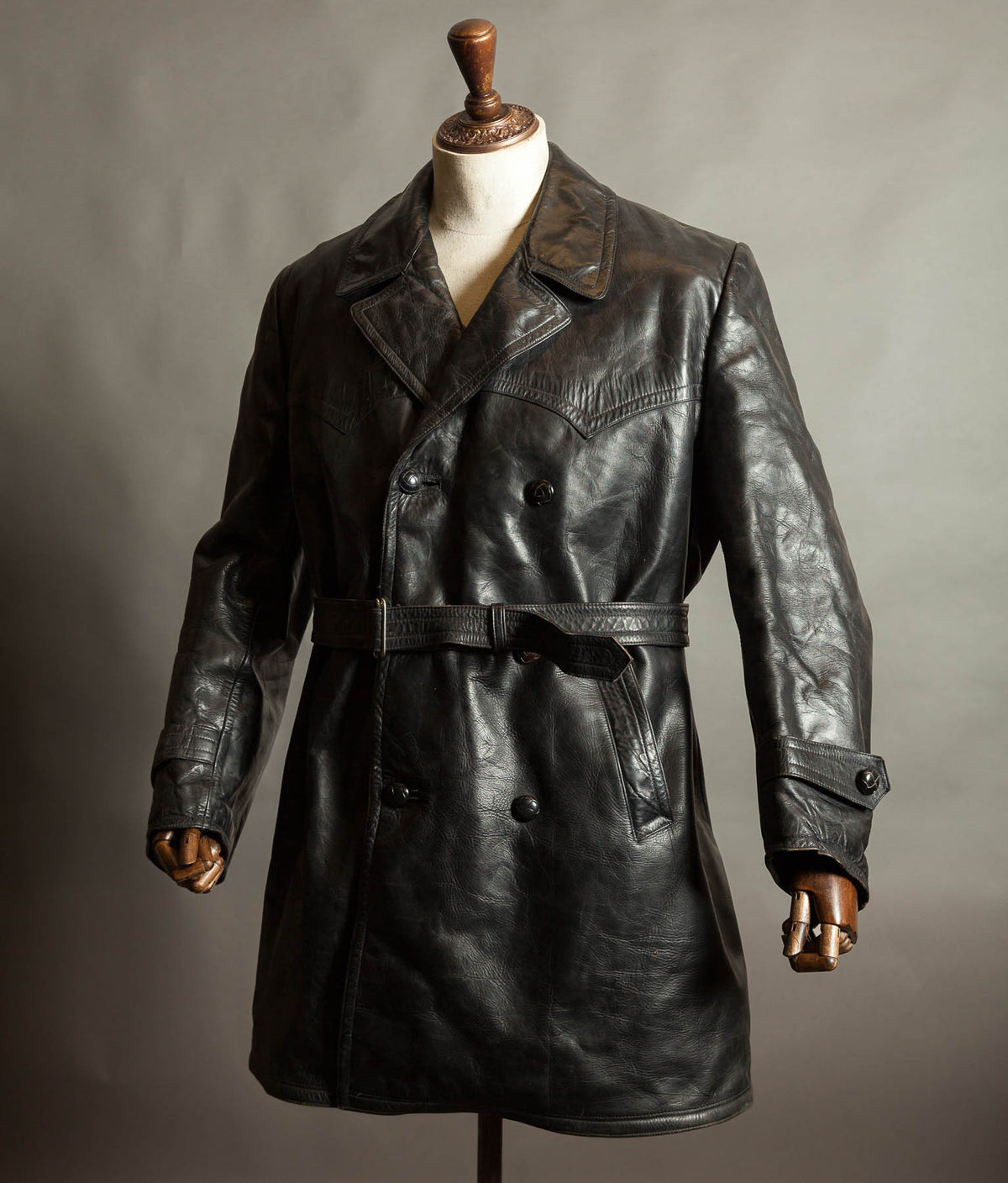 Original 1940s German Heavyweight Horsehide Leather Double-Breasted Overcoat