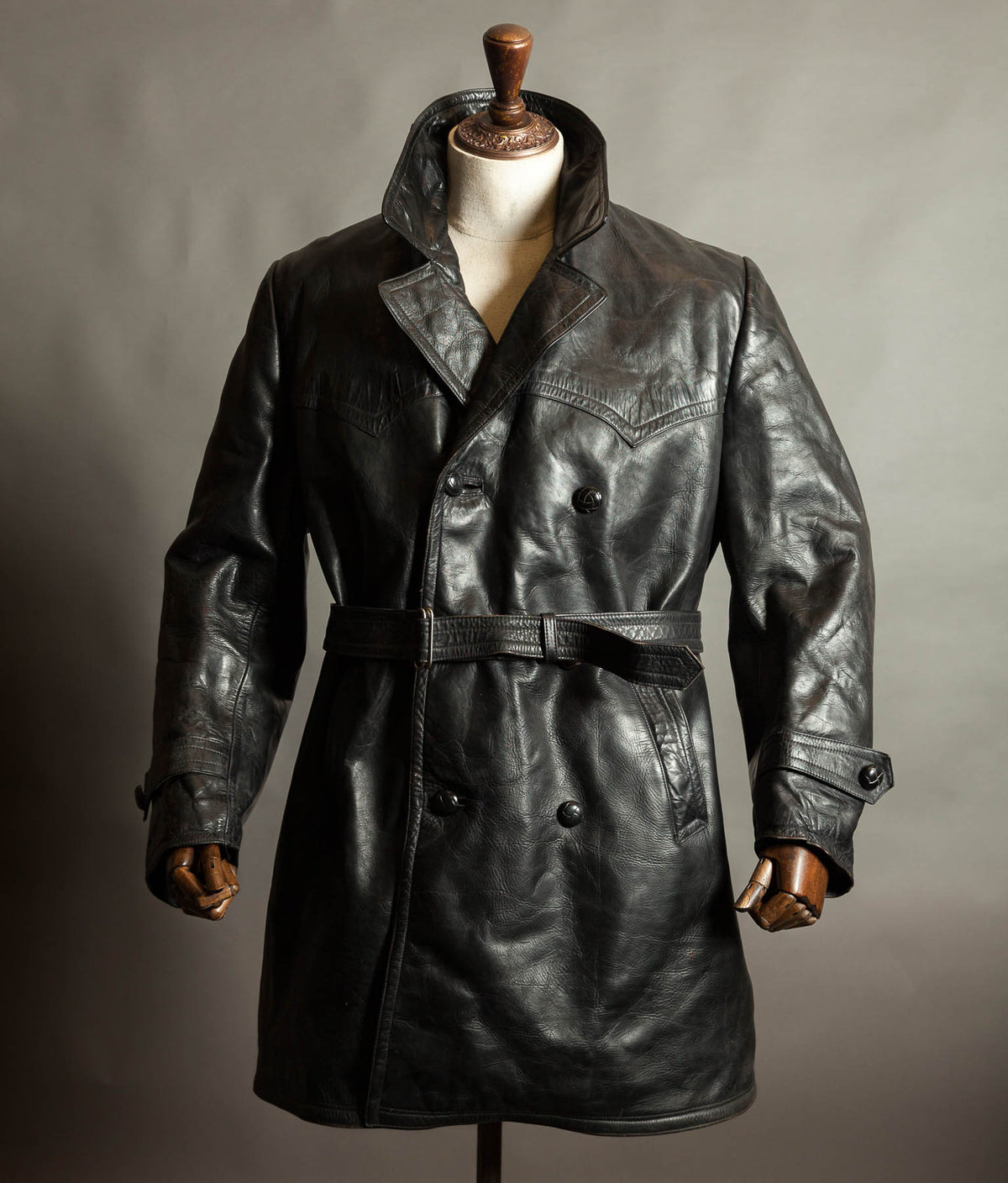 Original 1940s German Heavyweight Horsehide Leather Double-Breasted Overcoat