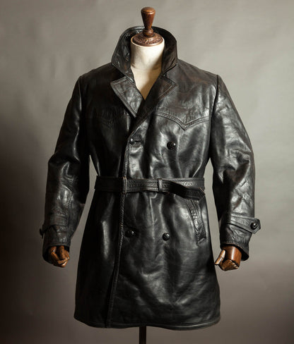 Original 1940s German Heavyweight Horsehide Leather Double-Breasted Overcoat