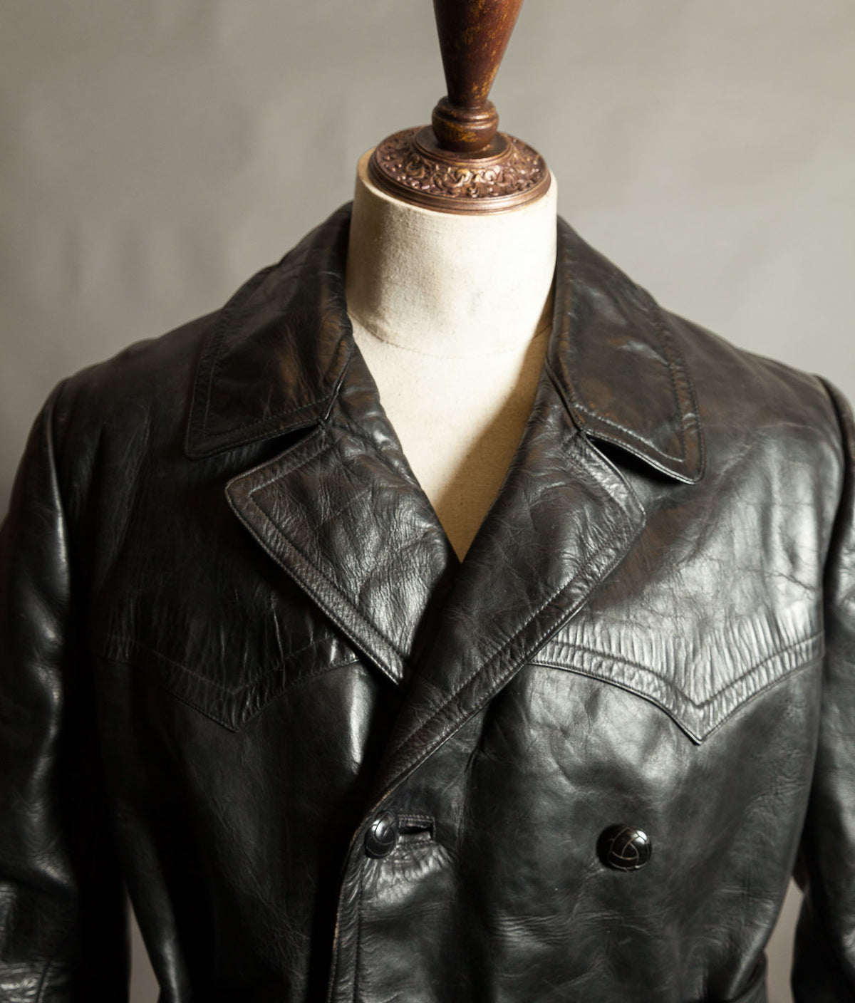Original 1940s German Heavyweight Horsehide Leather Double-Breasted Overcoat