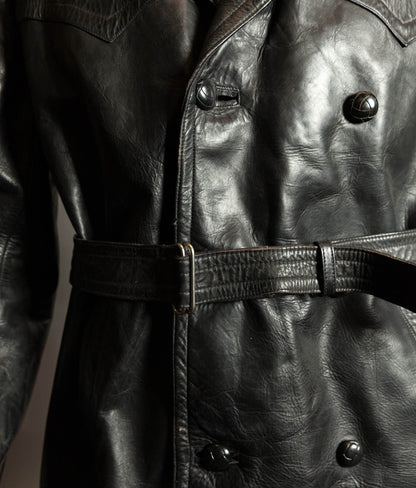 Original 1940s German Heavyweight Horsehide Leather Double-Breasted Overcoat