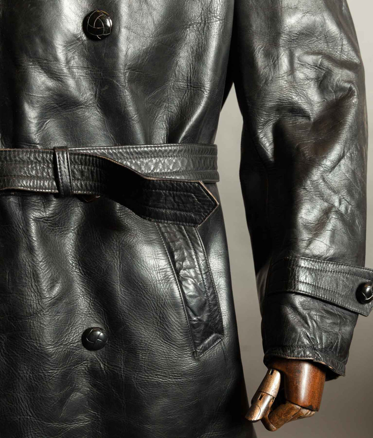 Original 1940s German Heavyweight Horsehide Leather Double-Breasted Overcoat