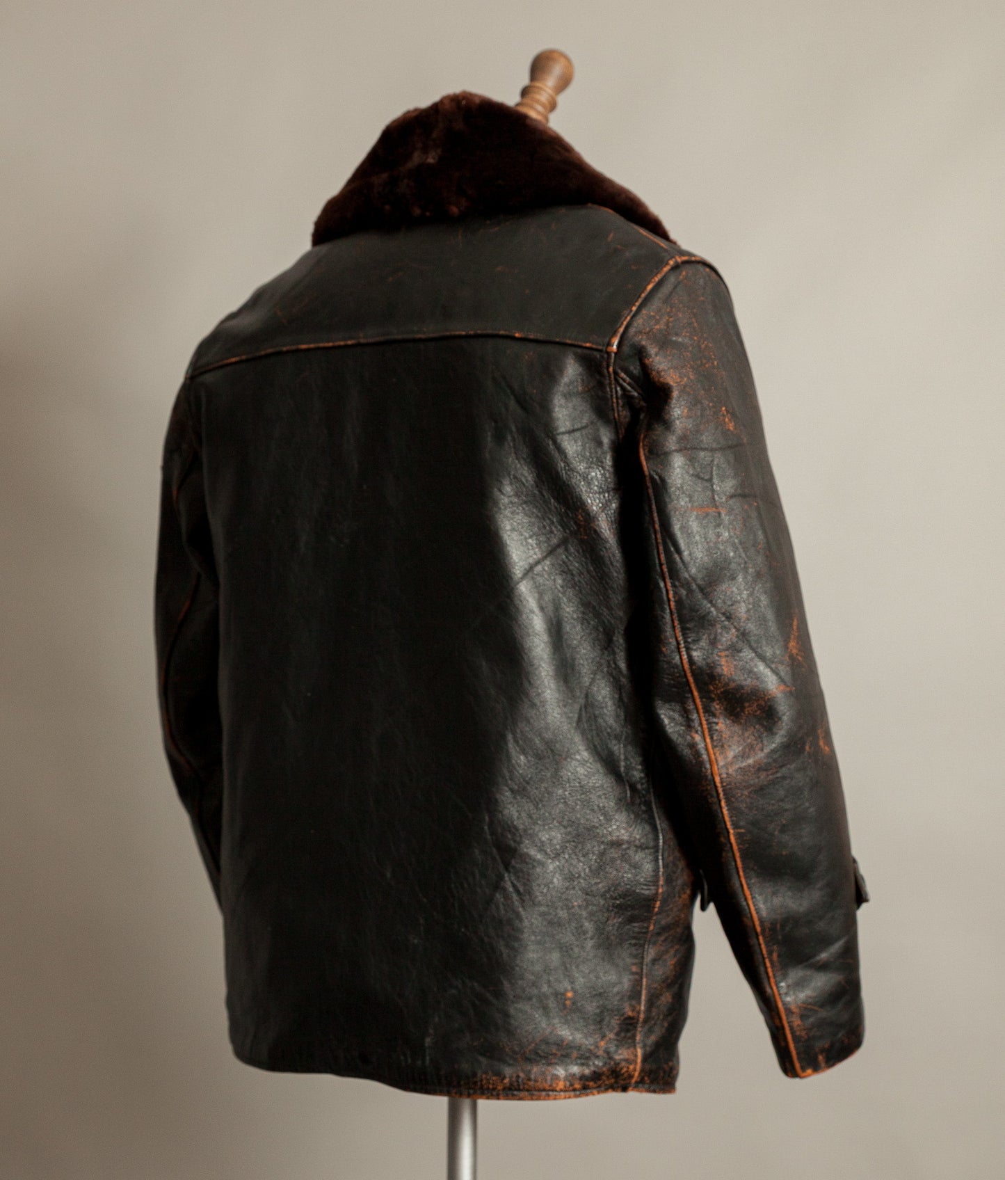 Vintage French Leather Work Jacket Éclair Zips Sheepskin Liner Tea Core Hide