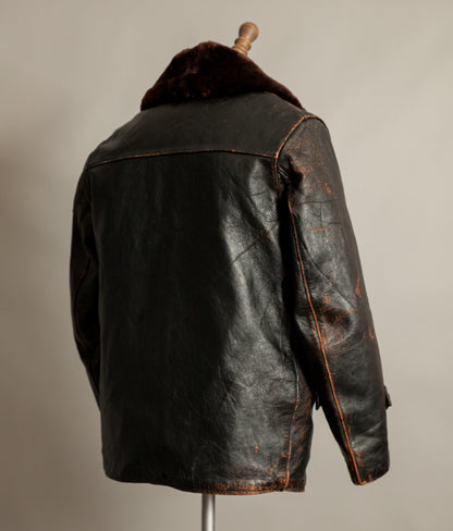 Vintage French Leather Work Jacket Éclair Zips Sheepskin Liner Tea Core Hide