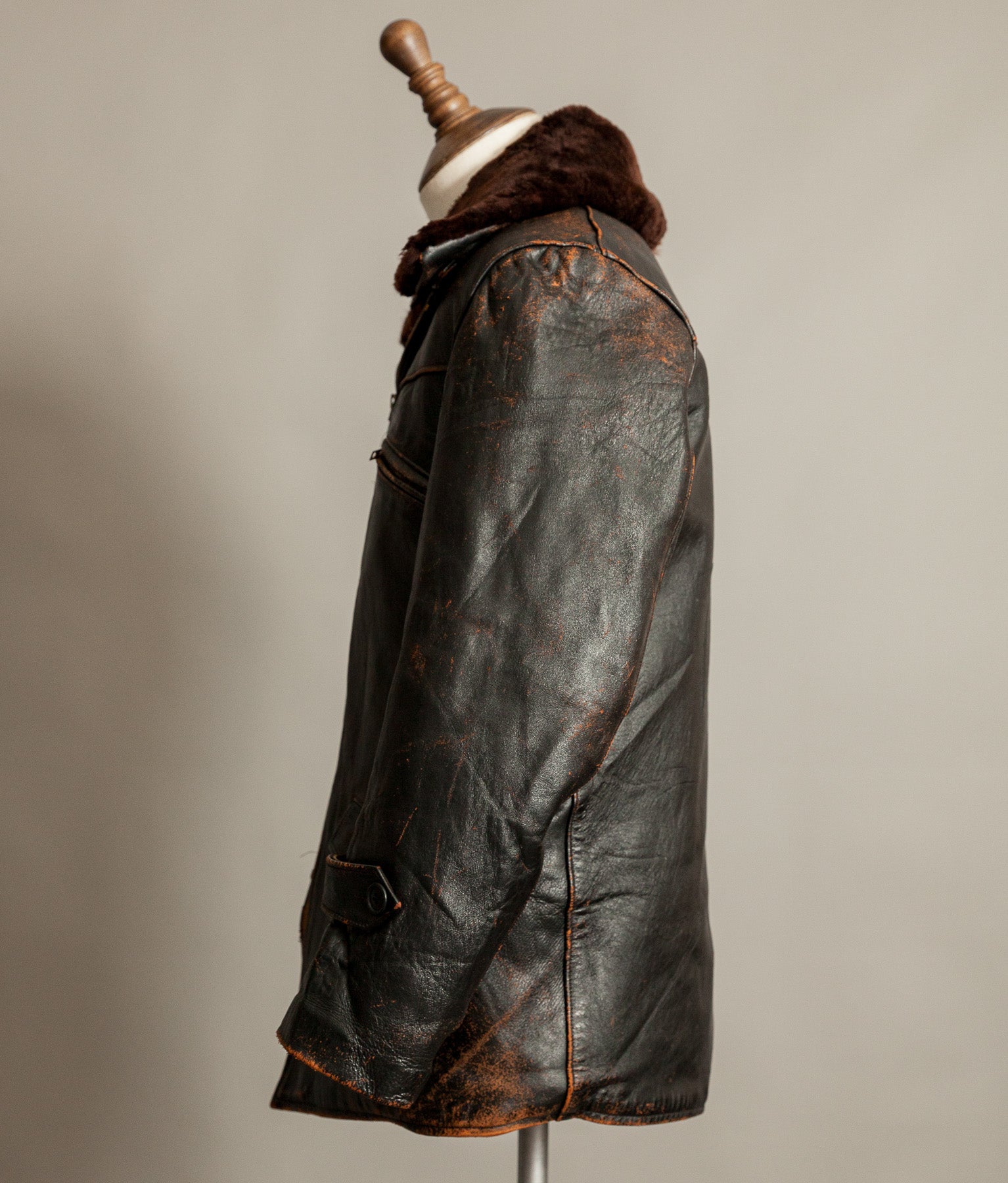 Vintage French Leather Work Jacket Éclair Zips Sheepskin Liner Tea Core Hide
