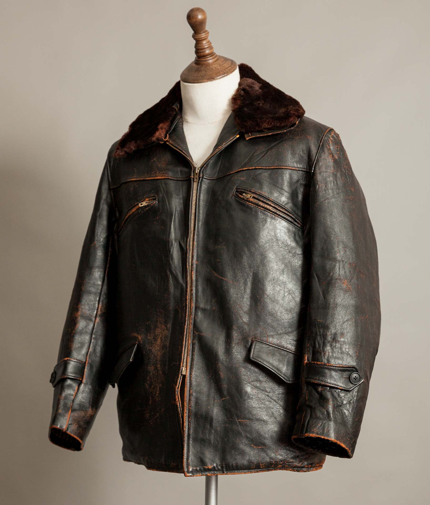 Vintage French Leather Work Jacket Éclair Zips Sheepskin Liner Tea Core Hide