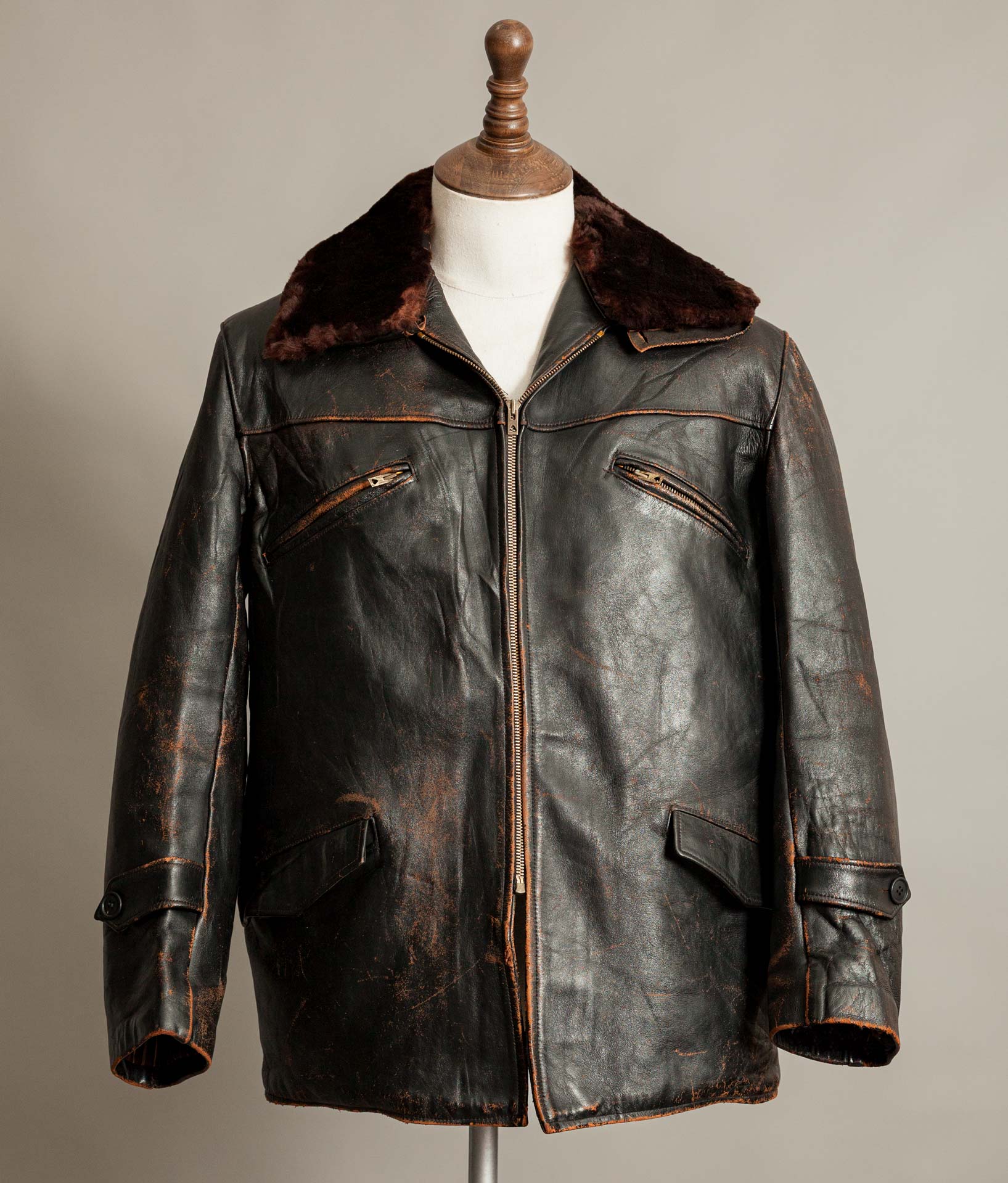 Vintage 1940s French leather workwear jacket with Éclair zips, tea core leather and mouton collar