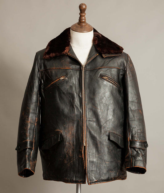 Vintage 1940s French leather workwear jacket with Éclair zips, tea core leather and mouton collar