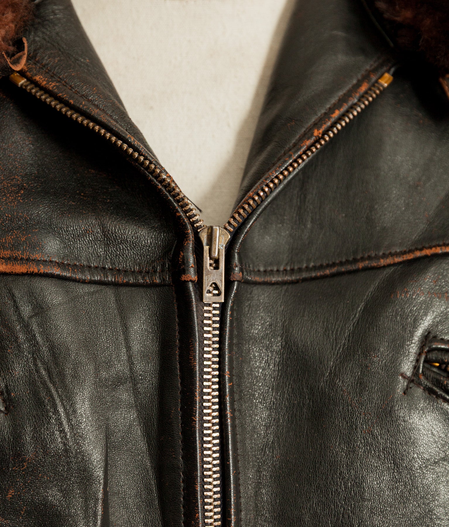 Original Éclair zipper on vintage French leather jacket