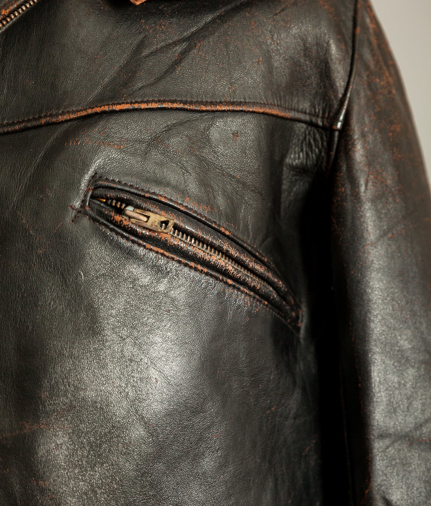 Vintage French Leather Work Jacket Éclair Zips Sheepskin Liner Tea Core Hide