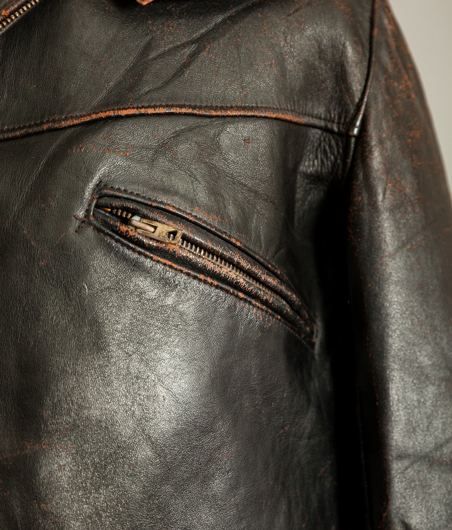 Vintage French Leather Work Jacket Éclair Zips Sheepskin Liner Tea Core Hide