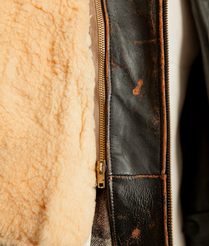 Close-up of a jacket with fur lining and leather zipper