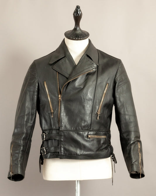 Vintage 1950s German Black Leather Motorcycle Jacket Small (38)