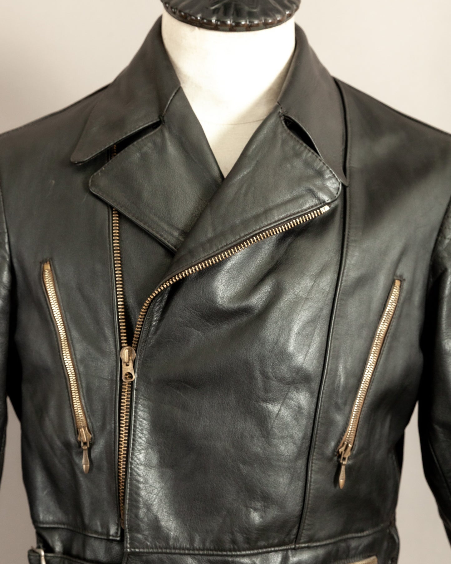 Vintage 1950s German Black Leather Motorcycle Jacket Small (38)
