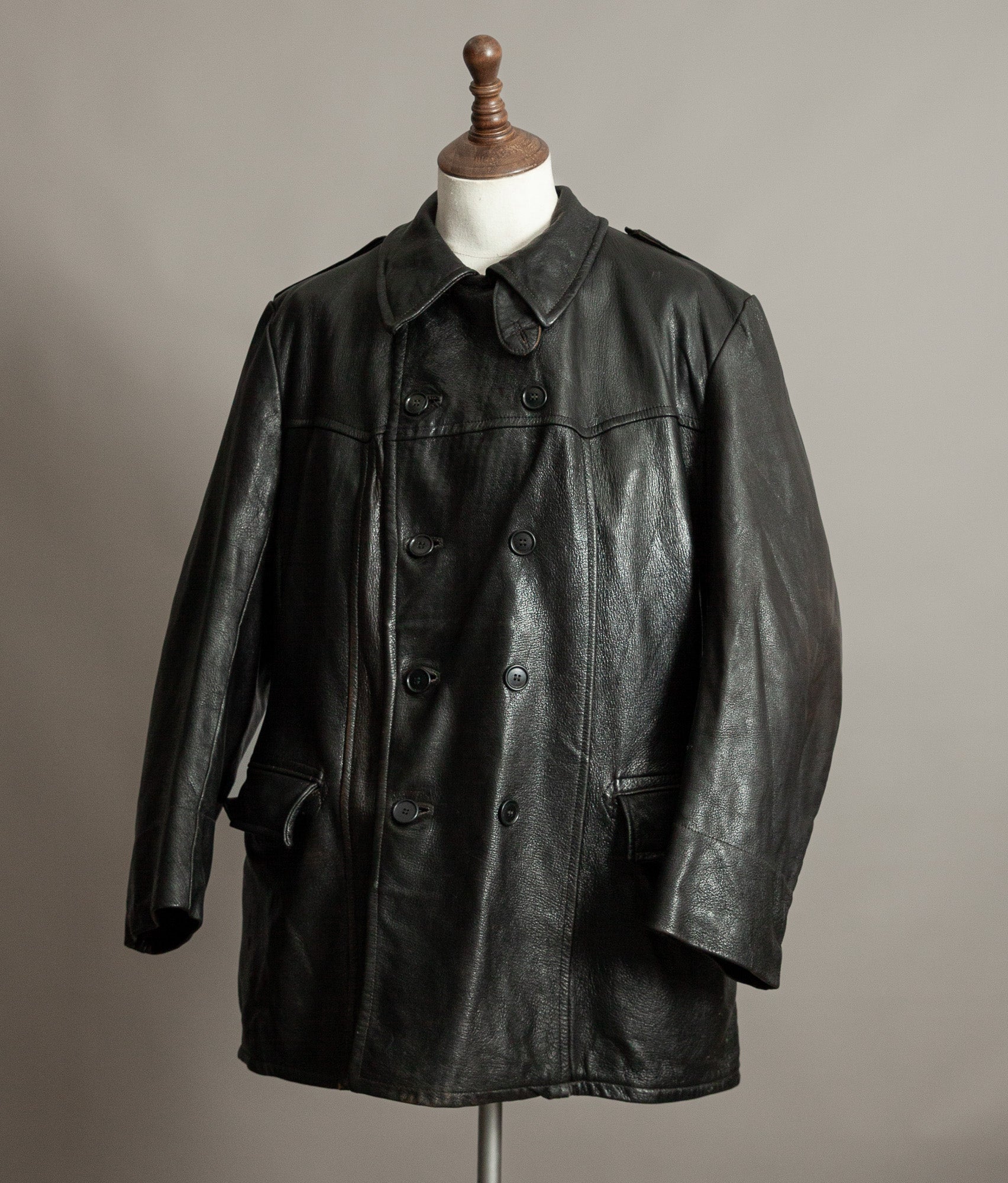 Vintage 1940s Swedish Military Leather Motor Coat Motorkavaj m/1915