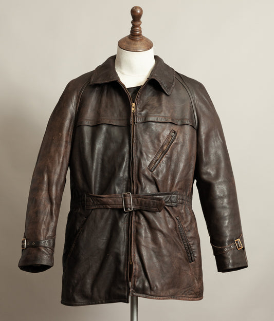 Vintage 1950s Yugoslavian Leather Motorcycle Jacket Belted Moleskin Lined