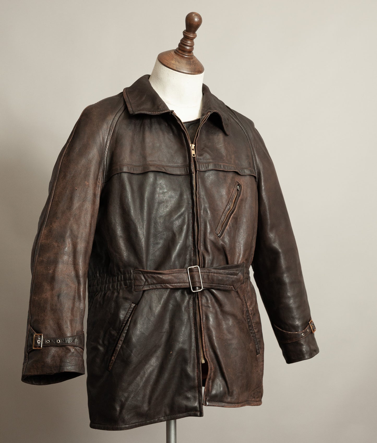 Vintage 1950s Yugoslavian Leather Motorcycle Jacket Belted Moleskin Lined
