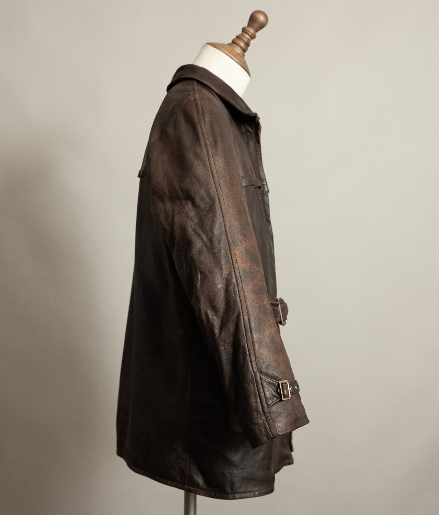 Vintage 1950s Yugoslavian Leather Motorcycle Jacket Belted Moleskin Lined