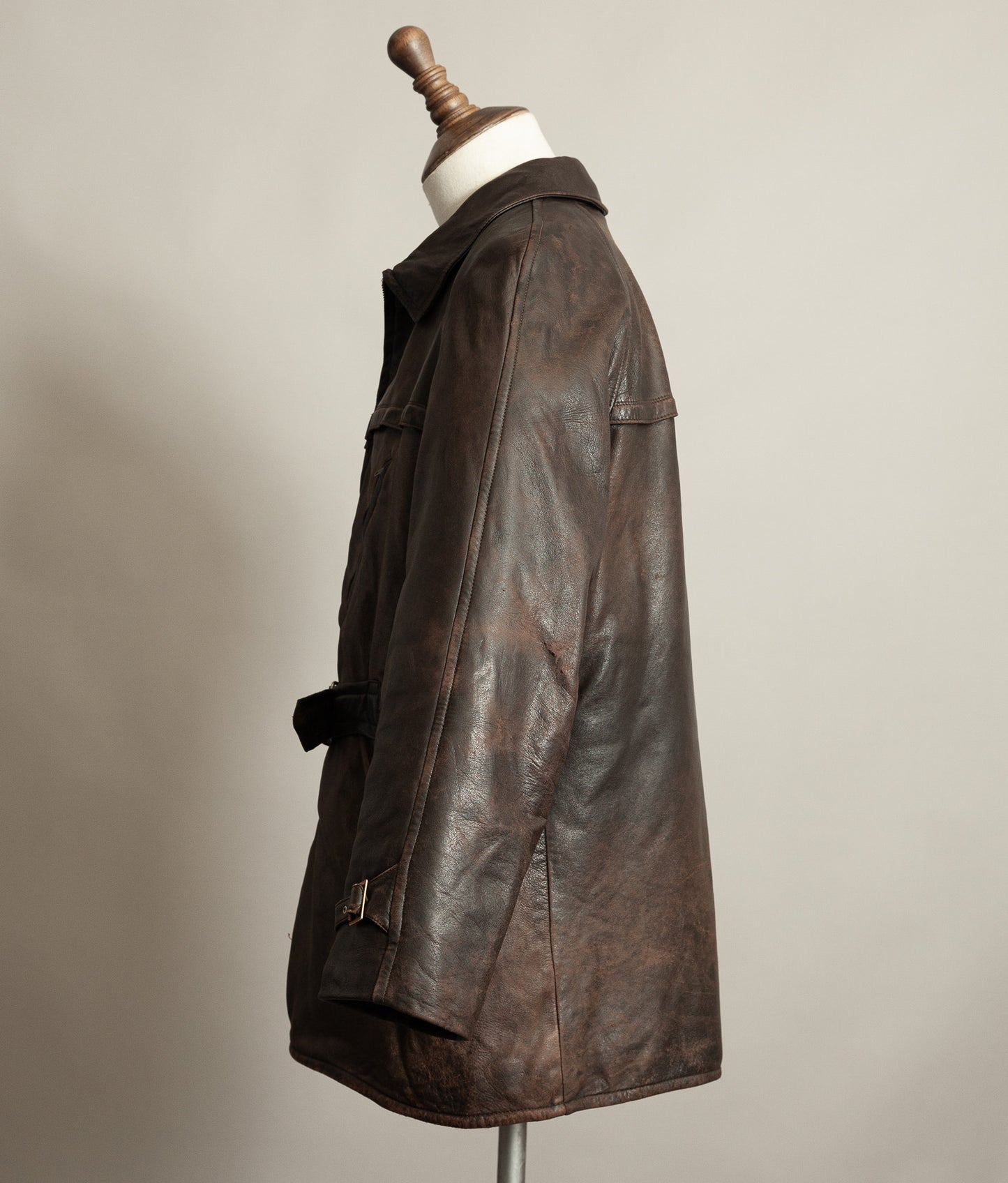 Vintage 1950s Yugoslavian Leather Motorcycle Jacket Belted Moleskin Lined