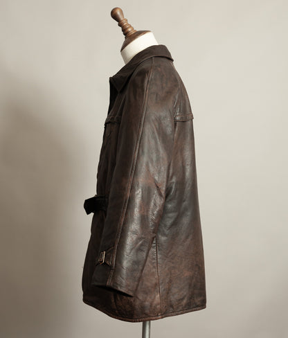 Vintage 1950s Yugoslavian Leather Motorcycle Jacket Belted Moleskin Lined