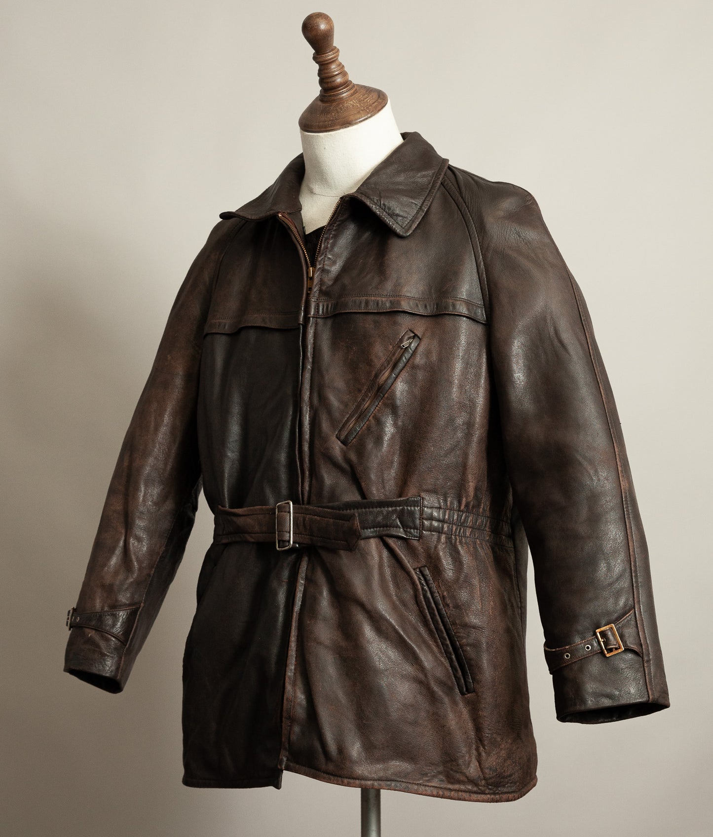 Vintage 1950s Yugoslavian Leather Motorcycle Jacket Belted Moleskin Lined