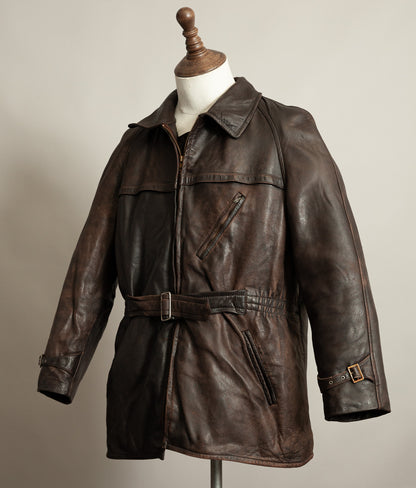 Vintage 1950s Yugoslavian Leather Motorcycle Jacket Belted Moleskin Lined